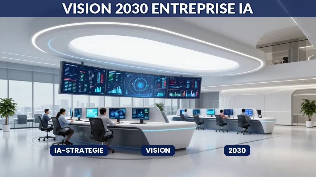 Siege social futuriste entreprise pilotee par intelligence artificielle ecrans holographiques metriques
