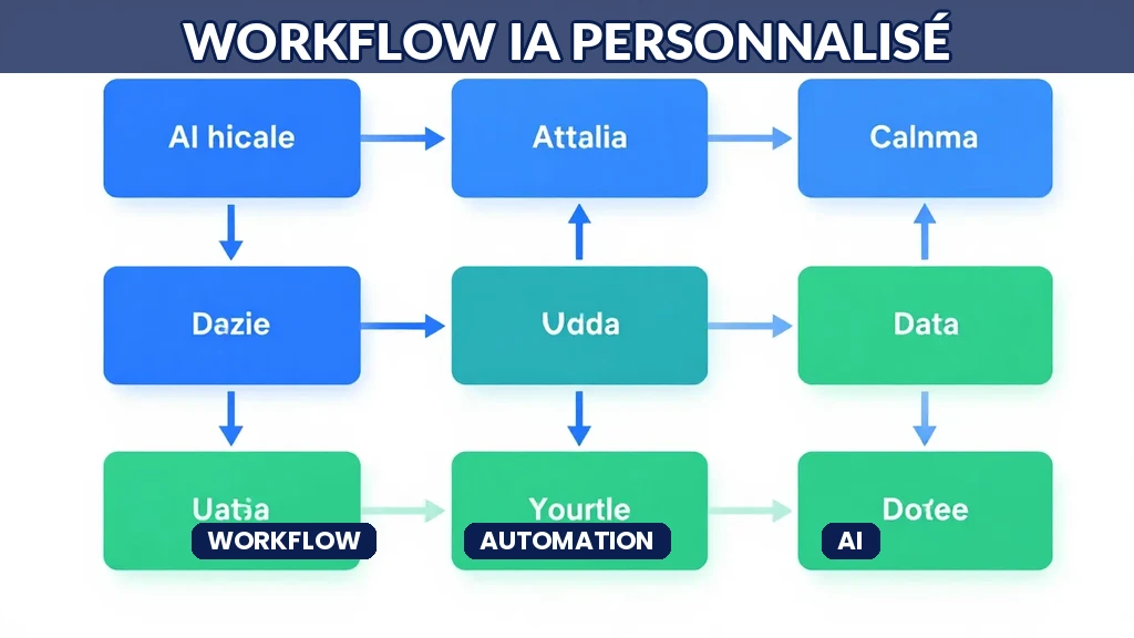 Illustration d'un processus automatisé avec des boîtes connectées représentant les étapes d'un workflow IA, style diagramme coloré bleu et vert