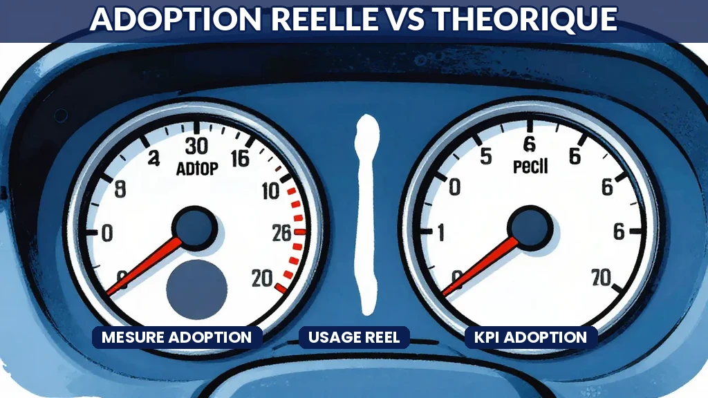 Illustration comparant adoption théorique et adoption réelle de lIA avec indicateurs de mesure terrain, style Sempé en aplats de couleur.