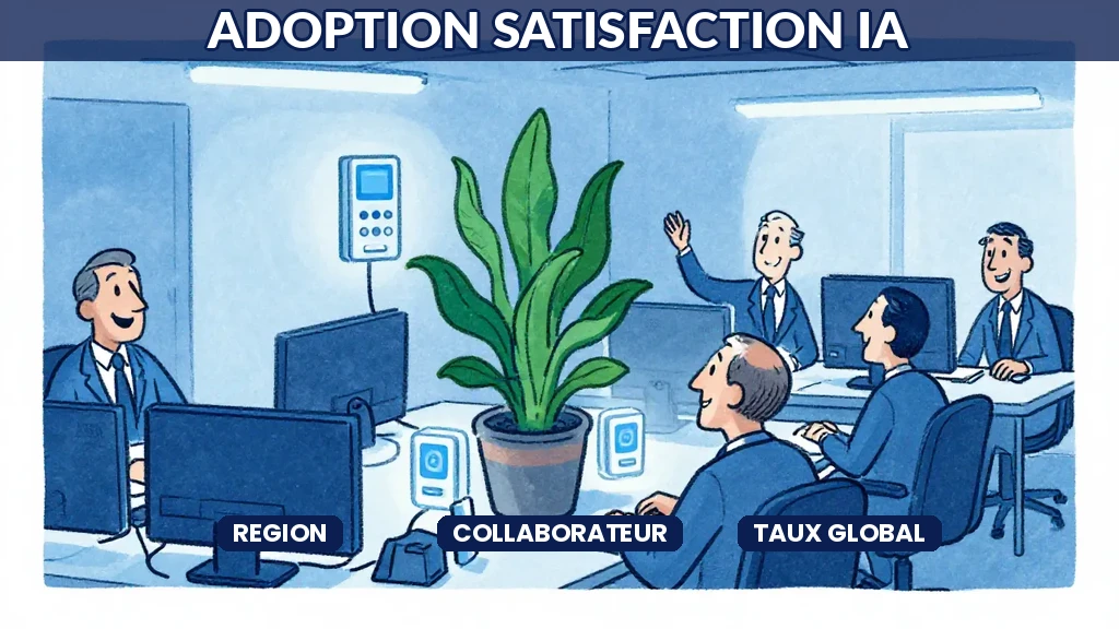 Graphique comparatif des taux de satisfaction collaborateurs IA par région mondiale avec indicateurs Asie Europe Amérique du Nord