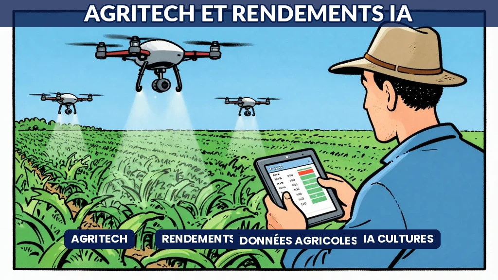 Champ agricole avec drones IA surveillant les cultures et fermier consultant les données