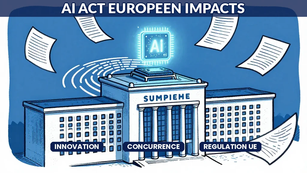 Illustration du règlement européen AI Act avec drapeaux européens et symboles technologiques sur fond de circuit imprimé