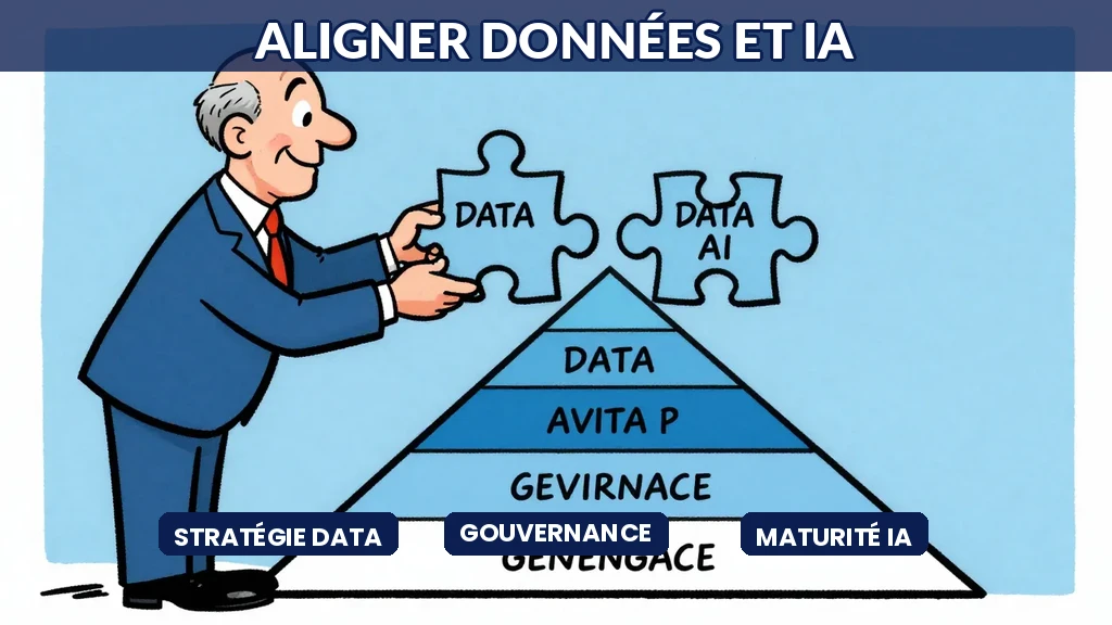 Schéma d'alignement entre la stratégie data et la stratégie IA avec pyramide de maturité