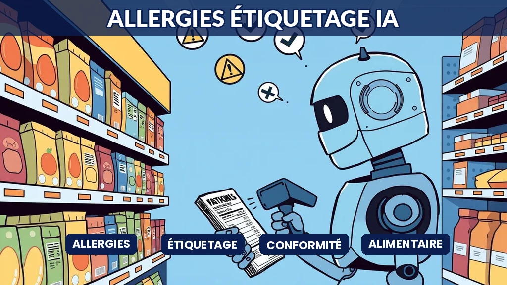 Robot inspecteur scannant des étiquettes alimentaires pour vérifier les allergènes dans un rayon de supermarché