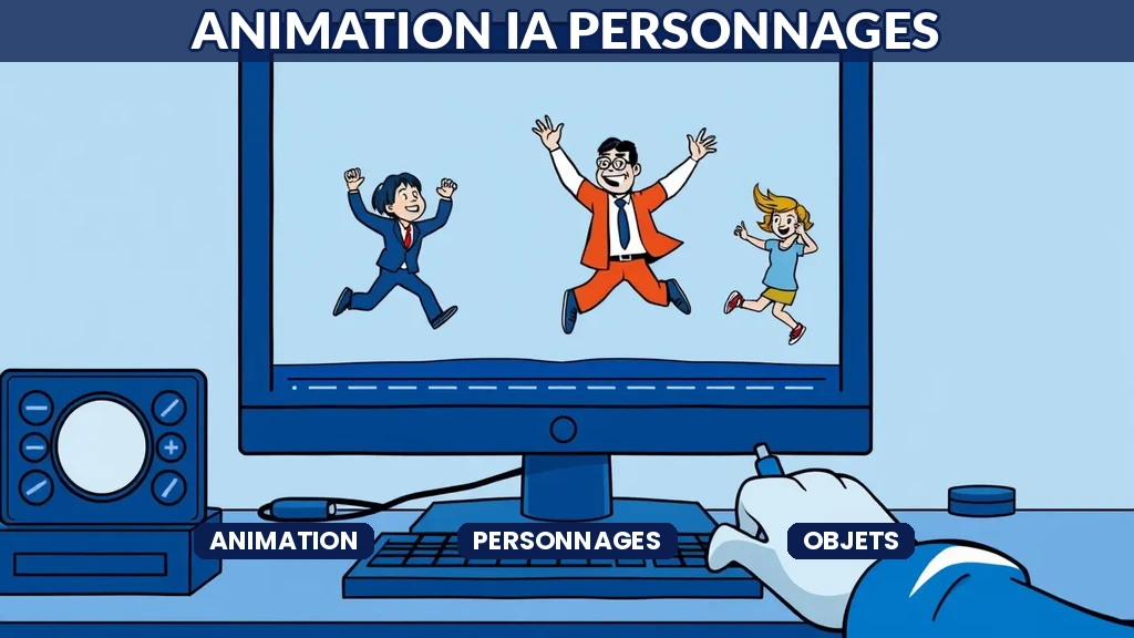 ** Interface d'animation assistée par IA montrant un personnage animé automatiquement avec trajectoires de mouvement générées