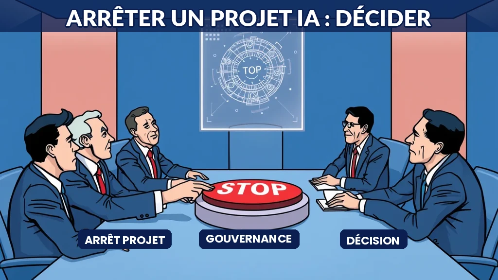Dirigeant analysant des indicateurs pour décider de poursuivre ou arrêter un projet intelligence artificielle