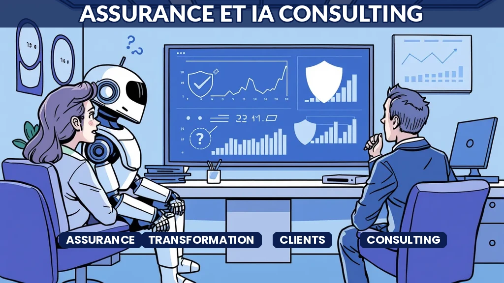 Robot conseiller en assurance présentant des analyses prédictives et boucliers de protection à des clients