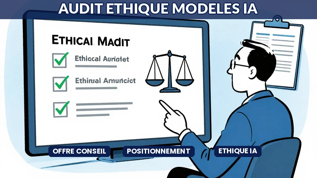 Consultant en intelligence artificielle réalisant un audit éthique sur un modèle algorithmique avec tableau de bord analytique