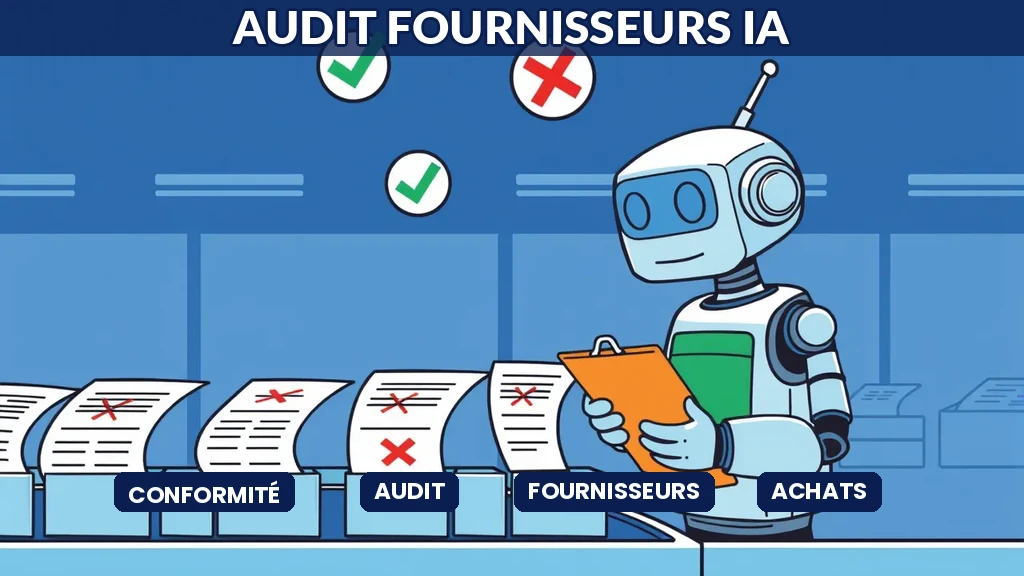 Robot inspecteur vérifiant des documents fournisseurs sur un tapis roulant avec des coches vertes et croix rouges