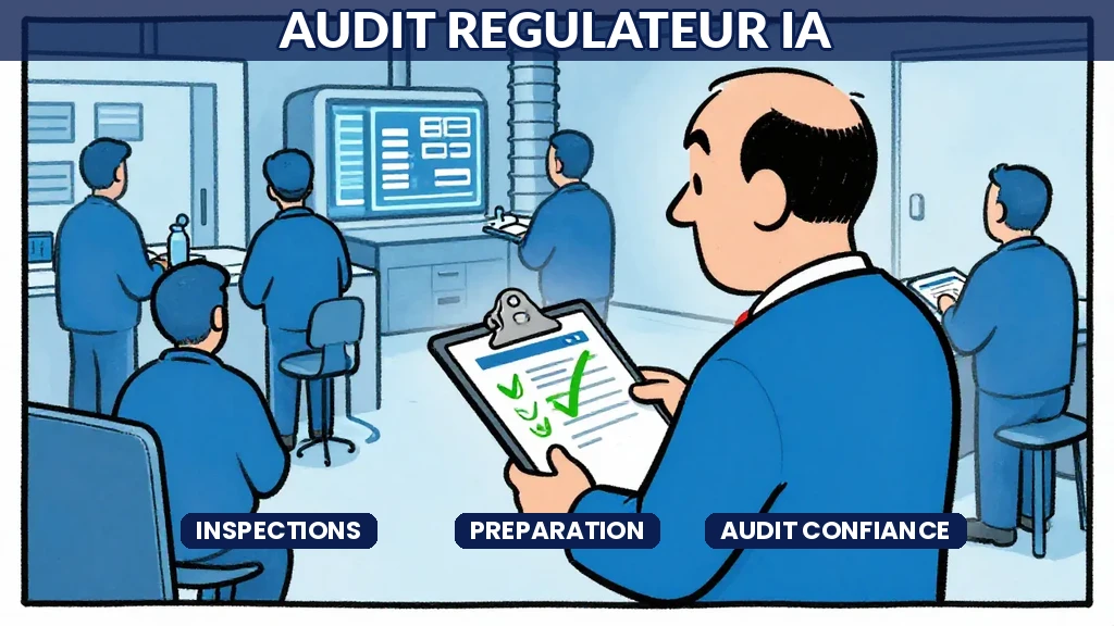 Équipe qualité utilisant un outil IA pour préparer un audit réglementaire avec confiance