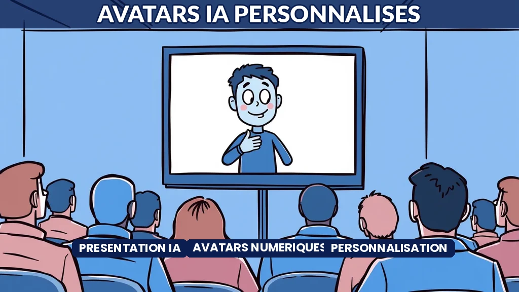 Avatar IA professionnel présentant du contenu personnalisé devant un arrière-plan de bureau virtuel moderne