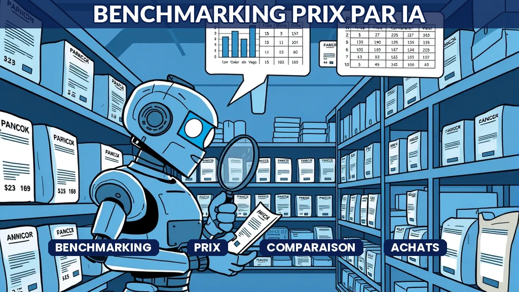 Robot IA comparant les prix fournisseurs avec loupe et tableaux comparatifs dans un entrepôt