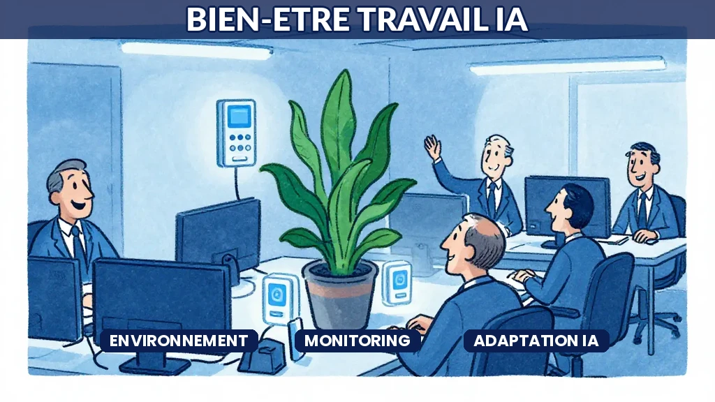 Tableau de bord IA affichant des indicateurs de bien-être au travail avec courbes de satisfaction et alertes environnementales en temps réel