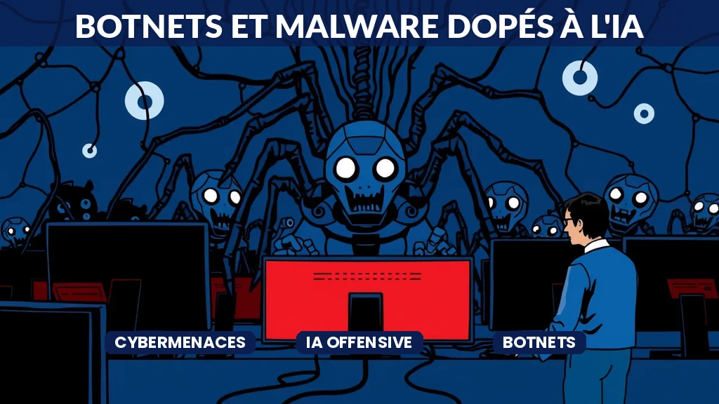 Réseau de botnets alimentés par intelligence artificielle propageant des malwares sur une carte numérique