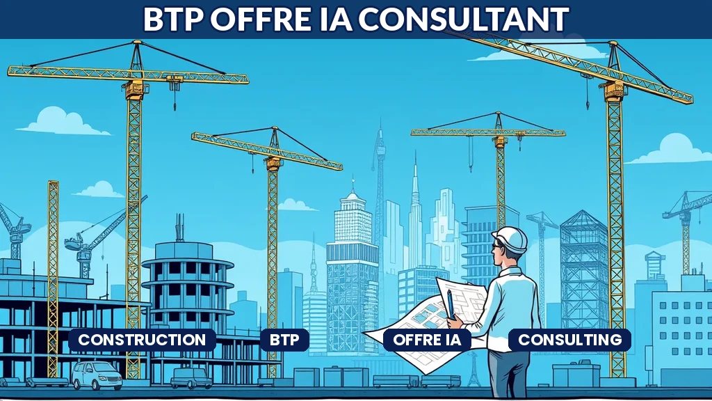 Chantier de construction avec grues et un consultant tenant des plans IA holographiques superposés au chantier