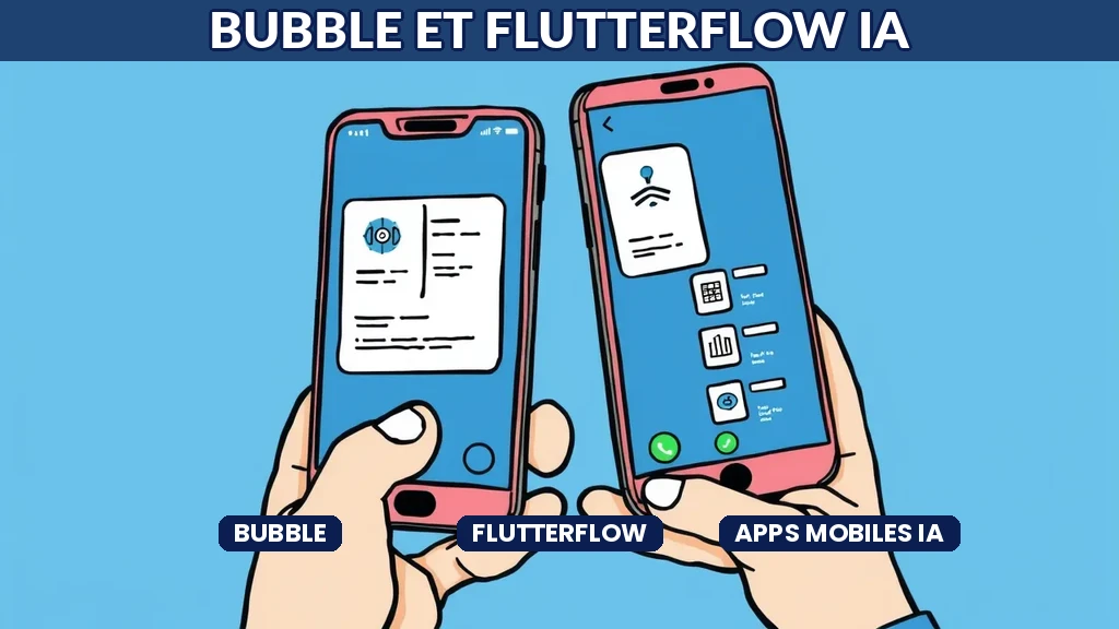 Écrans mobiles affichant des applications créées avec Bubble et FlutterFlow intégrant des fonctionnalités intelligence artificielle