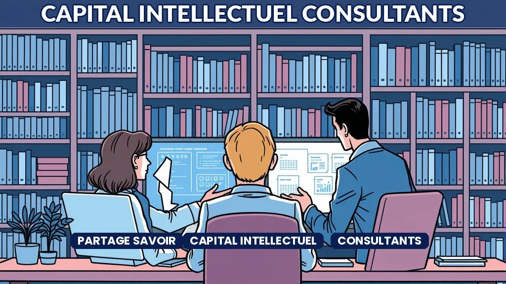Équipe de consultants IA collaborant autour d'une base de connaissances partagée