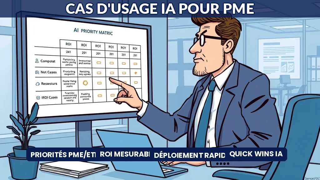 Dirigeant de PME analysant un tableau de cas d'usage IA classés par priorité avec des indicateurs de rentabilité sur écran numérique