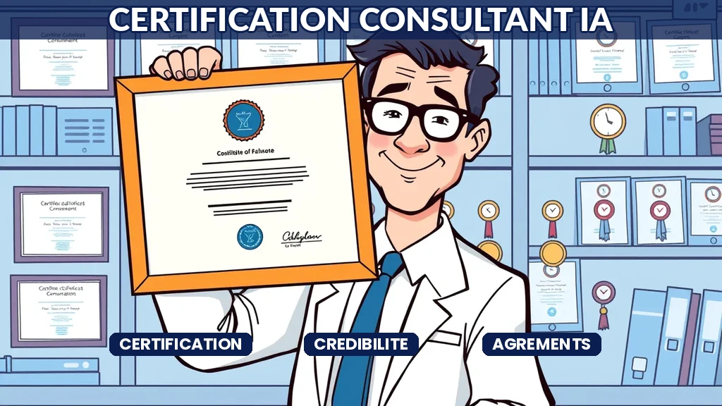 ** Consultant IA présentant ses certifications et agréments professionnels pour renforcer sa crédibilité auprès de clients décideurs