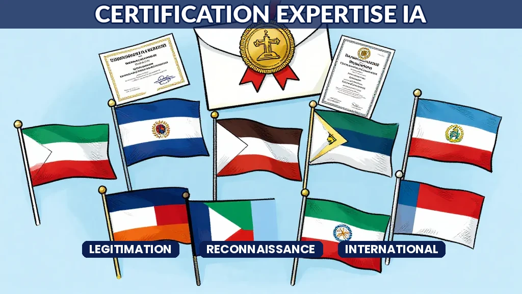 Certificats et badges professionnels disposés sur un bureau avec un passeport et un ordinateur portable