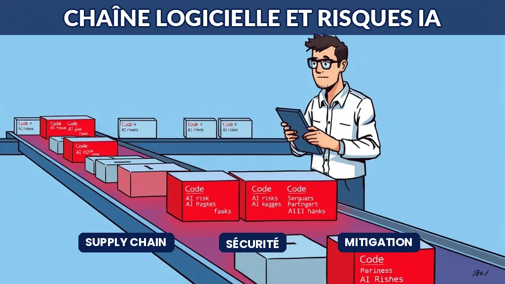 Diagramme de chaîne d'approvisionnement logicielle IA montrant les points de vulnérabilité et de contrôle