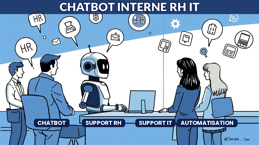 Robot amical à un comptoir d'aide répondant aux questions d'employés avec des symboles RH et IT flottants