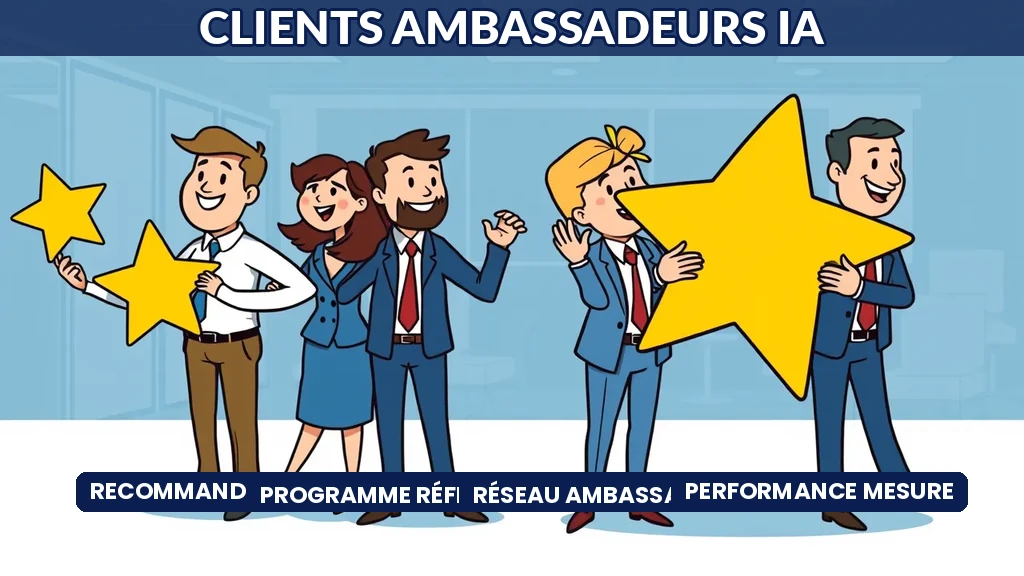 Réseau de connexions professionnelles illustrant la recommandation entre clients satisfaits et nouveaux prospects en consulting IA