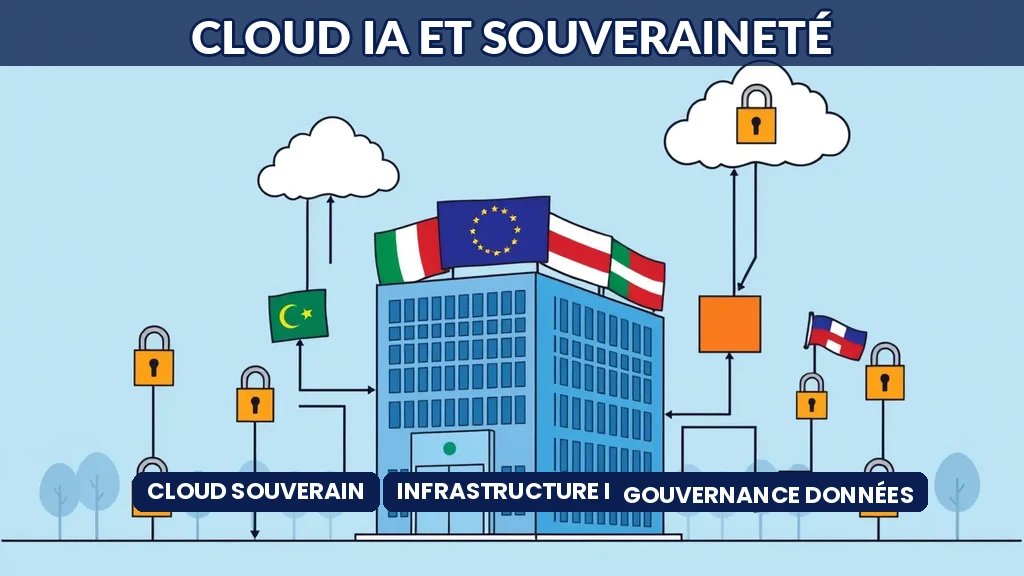 Datacenter européen avec drapeaux symbolisant la souveraineté numérique et les infrastructures cloud dédiées à l'intelligence artificielle