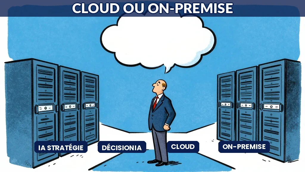 Businessman at crossroads between cloud and server room