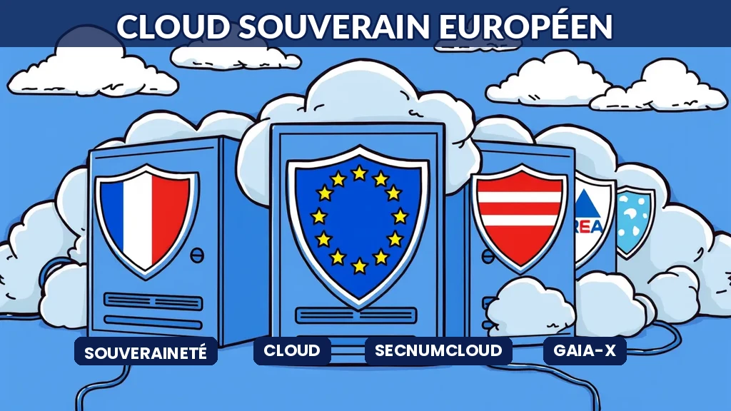 Serveurs cloud européens avec drapeaux et bouclier de protection des données