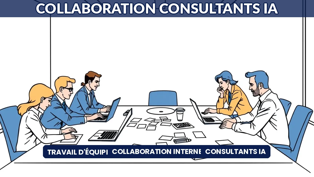 Consultants IA réunis autour d'une table de travail avec ordinateurs portables et post-its lors d'une session collaborative