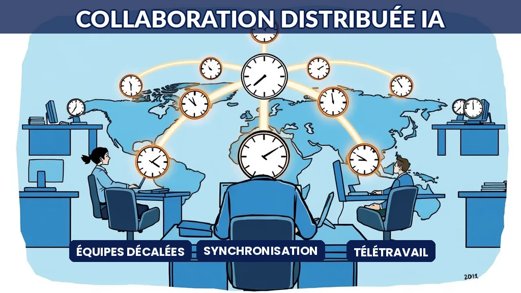 Équipes projet réparties sur plusieurs fuseaux horaires utilisant l'intelligence artificielle pour synchroniser leur travail quotidien