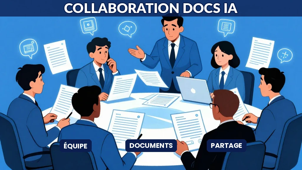 Équipe collaborant sur documents avec l'aide de l'IA