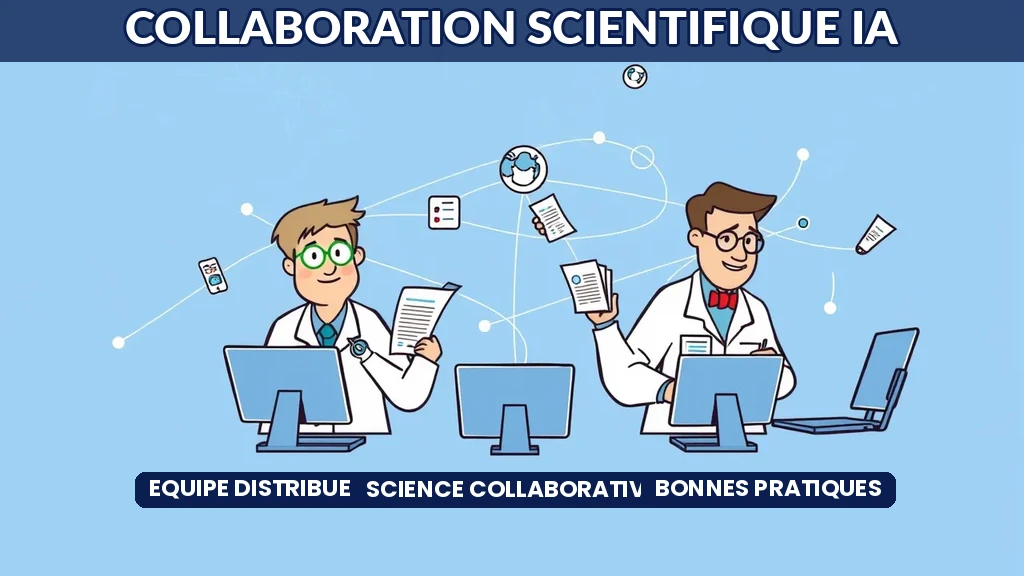 Équipe de chercheurs distribuée collaborant à distance via une plateforme IA de partage de connaissances scientifiques