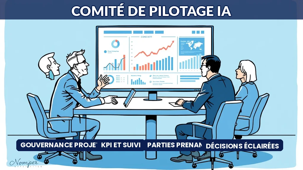 Réunion de comité de pilotage IA avec consultant et dirigeants analysant des indicateurs de performance