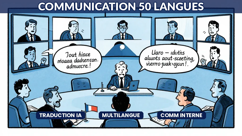 Interface de traduction IA multilingue affichant un message interne adapté simultanément en plusieurs langues avec indicateurs de qualité
