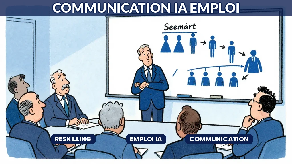 Illustration dun dirigeant présentant un plan de reskilling IA à ses équipes attentives dans une salle de réunion lumineuse, style Sempé en aplats de couleur.