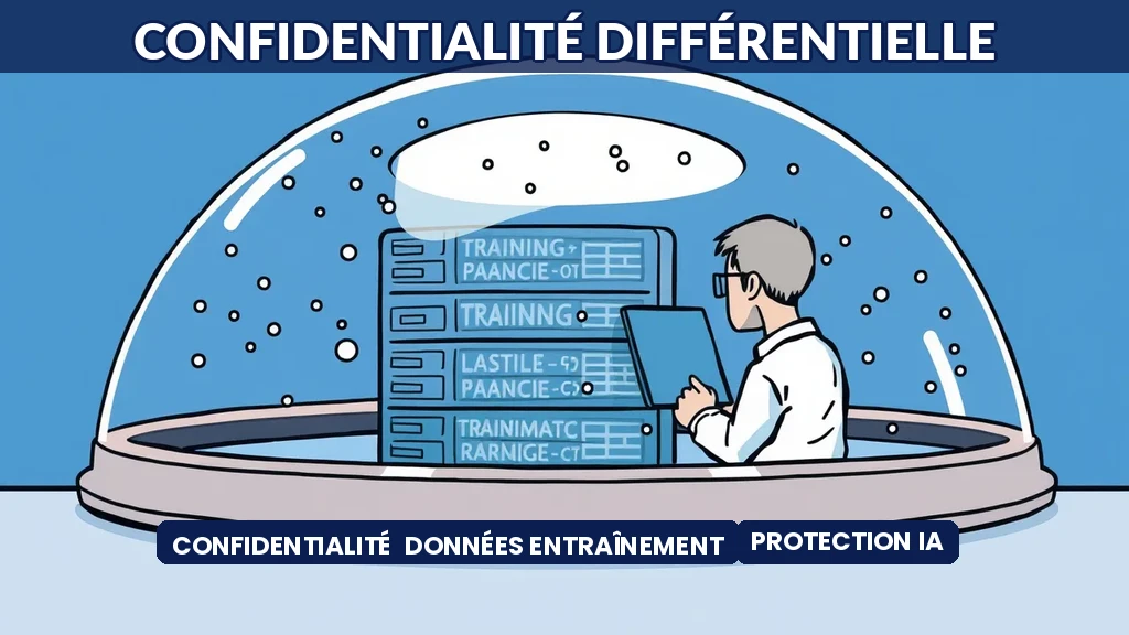 Diagramme illustrant le mécanisme de confidentialité différentielle appliqué aux données entraînement IA