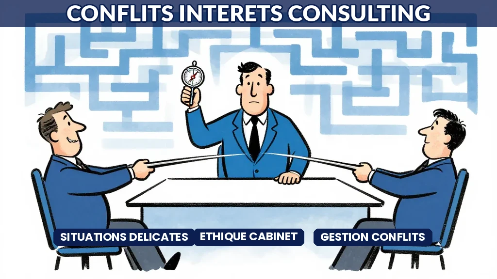Consultant en intelligence artificielle analysant une situation de conflit dintérêts avec un diagramme décisionnel éthique