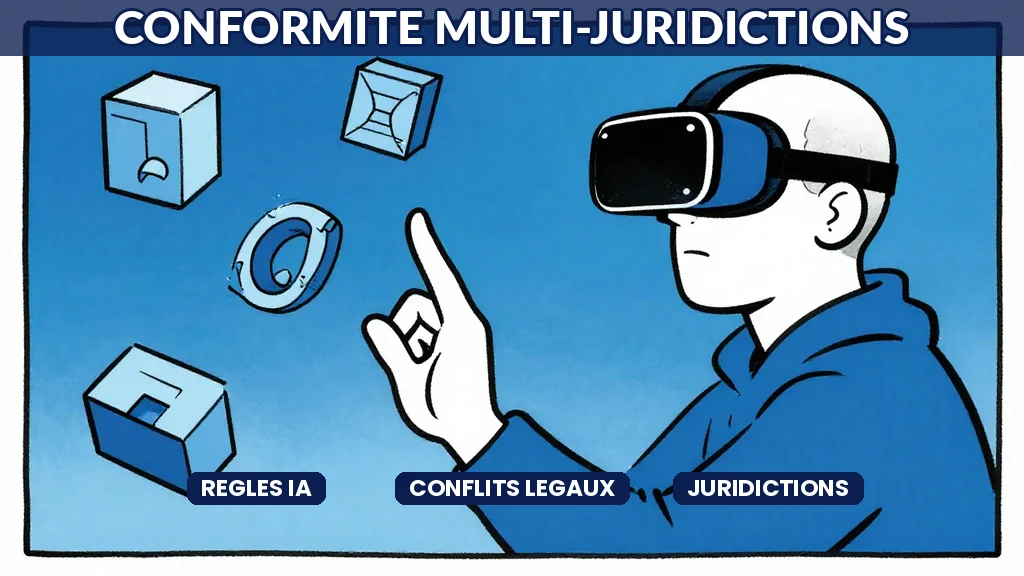 Balance de la justice entourée de drapeaux internationaux et de symboles numériques représentant la conformité IA multi-juridictions