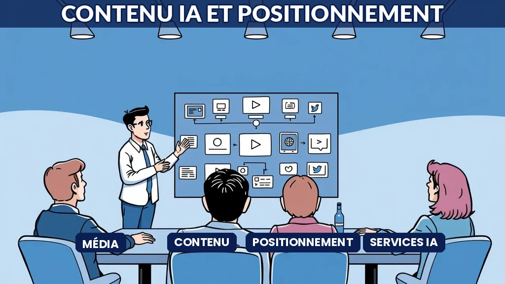 Consultant présentant une stratégie de contenu média avec icônes numériques devant des clients