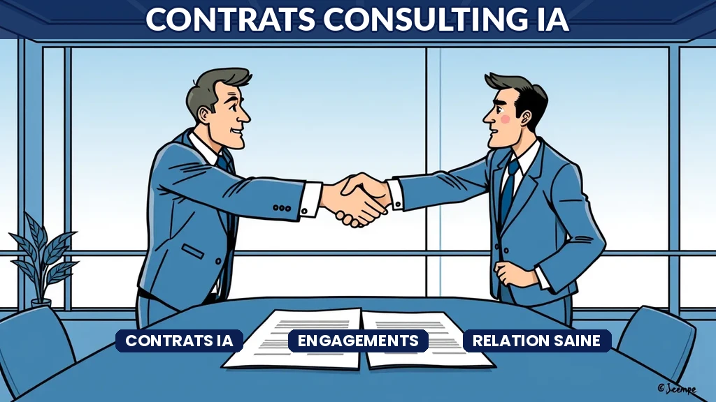 Deux professionnels signant un contrat de consulting IA dans un bureau moderne avec des documents sur la table