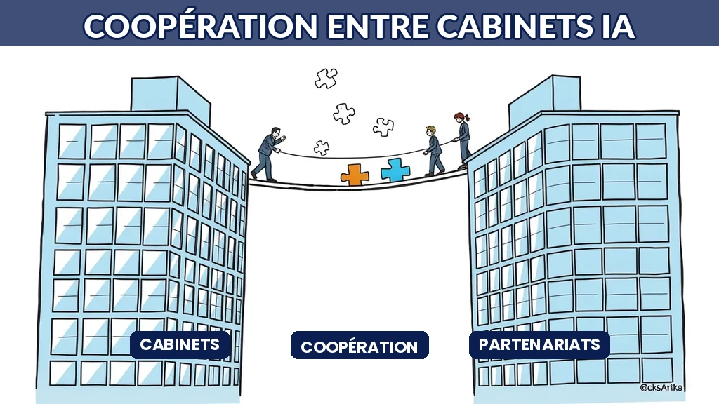 Deux dirigeants de cabinets de consulting IA signant un accord de coopération stratégique autour d'une table de réunion