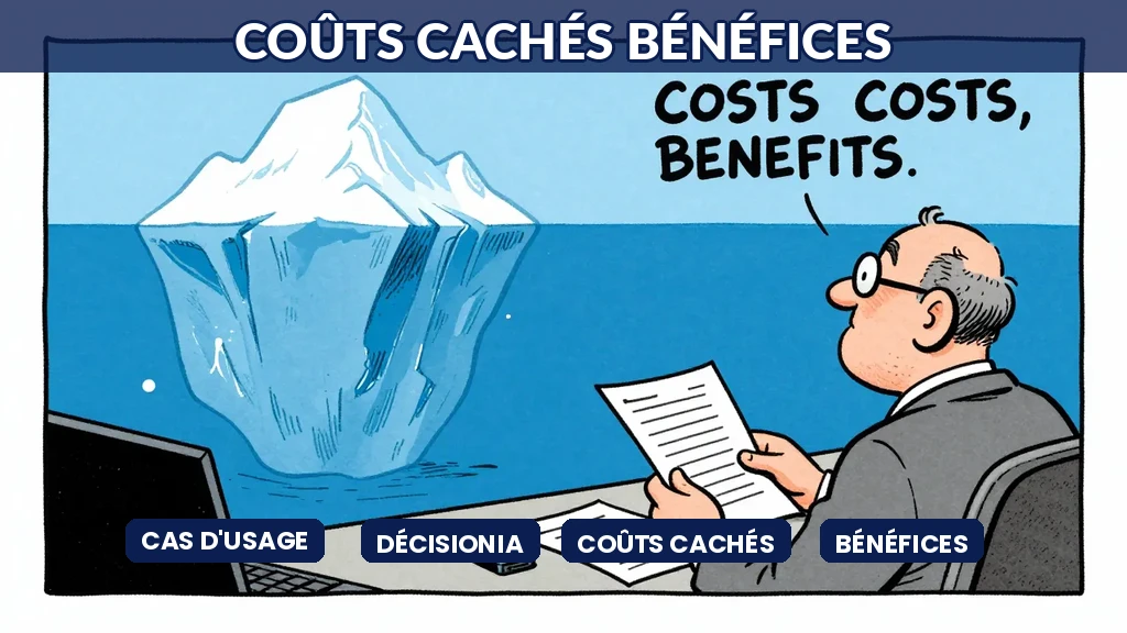 Accountant discovering hidden costs benefits iceberg financial analysis