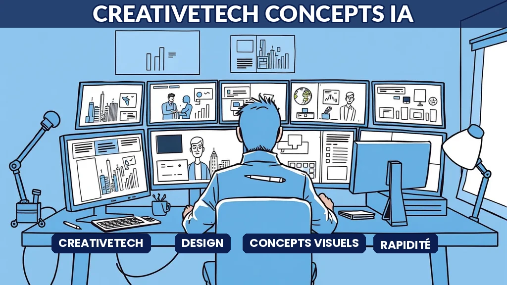 Designer à un bureau avec écrans multiples montrant des variations de concepts visuels générés par IA