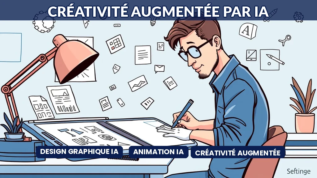 Designer utilisant un outil de création graphique assisté par intelligence artificielle pour générer des visuels et des animations