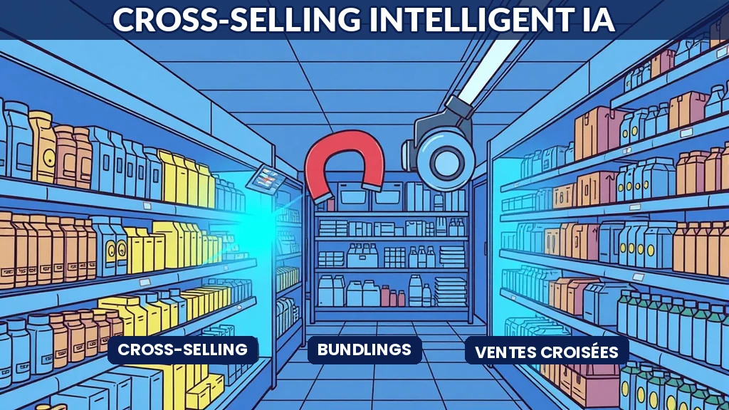 Graphe de connexions entre produits montrant les associations de cross-selling identifiées par algorithme d'intelligence artificielle
