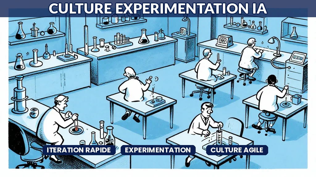 Illustration dune équipe testant rapidement des prototypes IA sur des écrans collaboratifs dans un espace de travail ouvert, style Sempé en aplats de couleur.