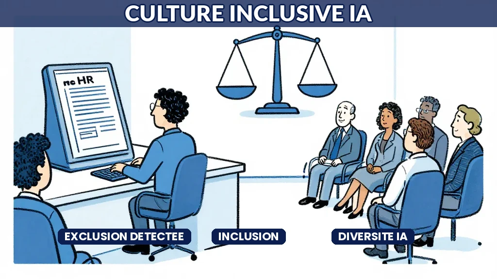 Dashboard analytique affichant des indicateurs de diversité et inclusion avec alertes IA sur les signaux dexclusion détectés