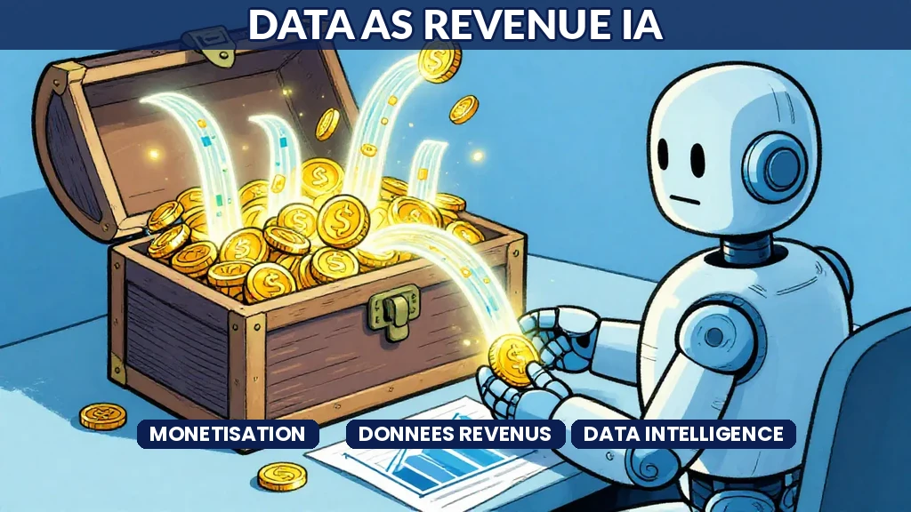 Graphique illustrant la transformation de données brutes en flux de revenus récurrents grâce à des modèles IA de monétisation